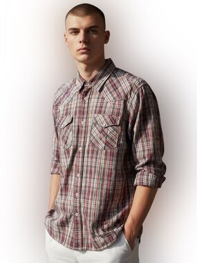 PD&C Plaid Pearl Snap Western Shirt XL | Roll-Tab Sleeves Red White Gray EUC